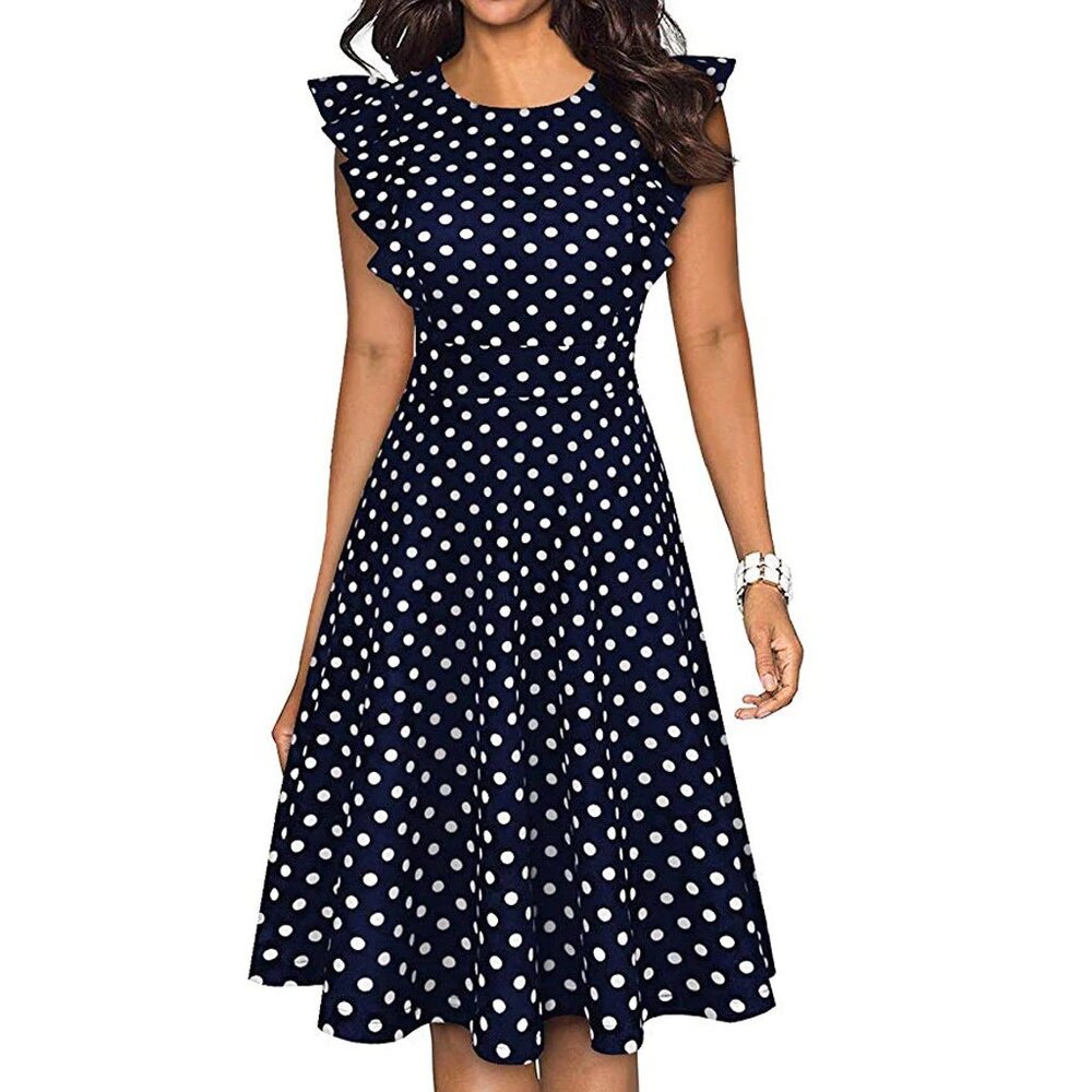 NEW!! Women Size 6 Vintage Dot Printed Ruffle Sleeveless Dress in Navy